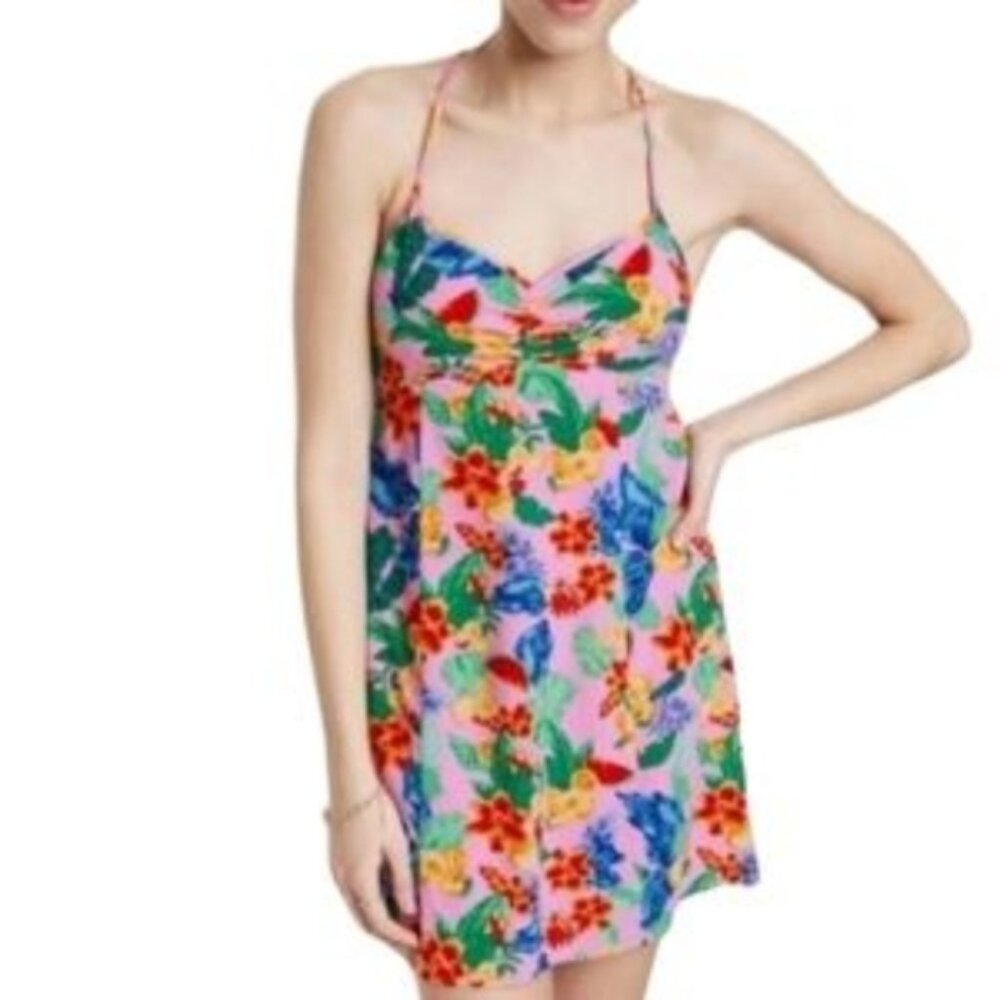 ❤️B2G1 New Wild Fable Pink Tropical Fruit Mini Halter Tie Neck Dress M Colorful❤